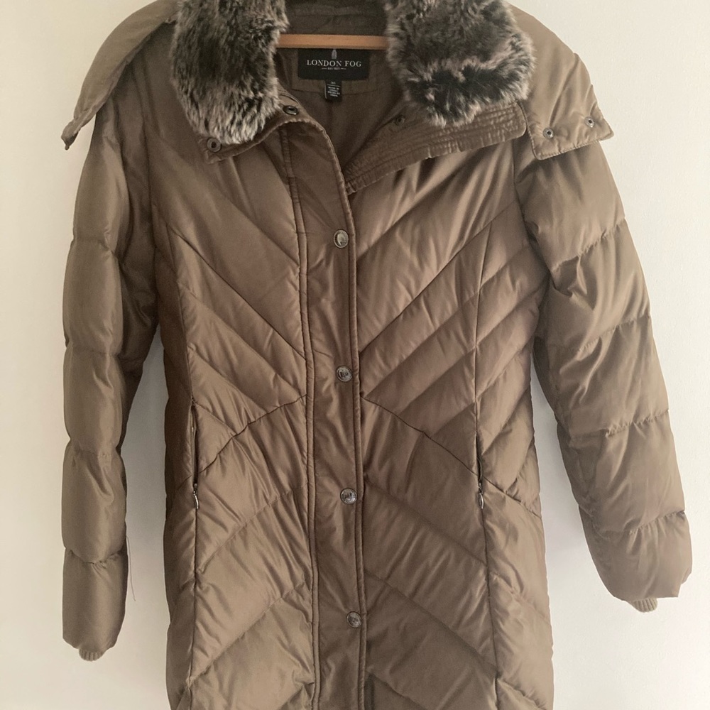 London Fog brown down coat with hood.
